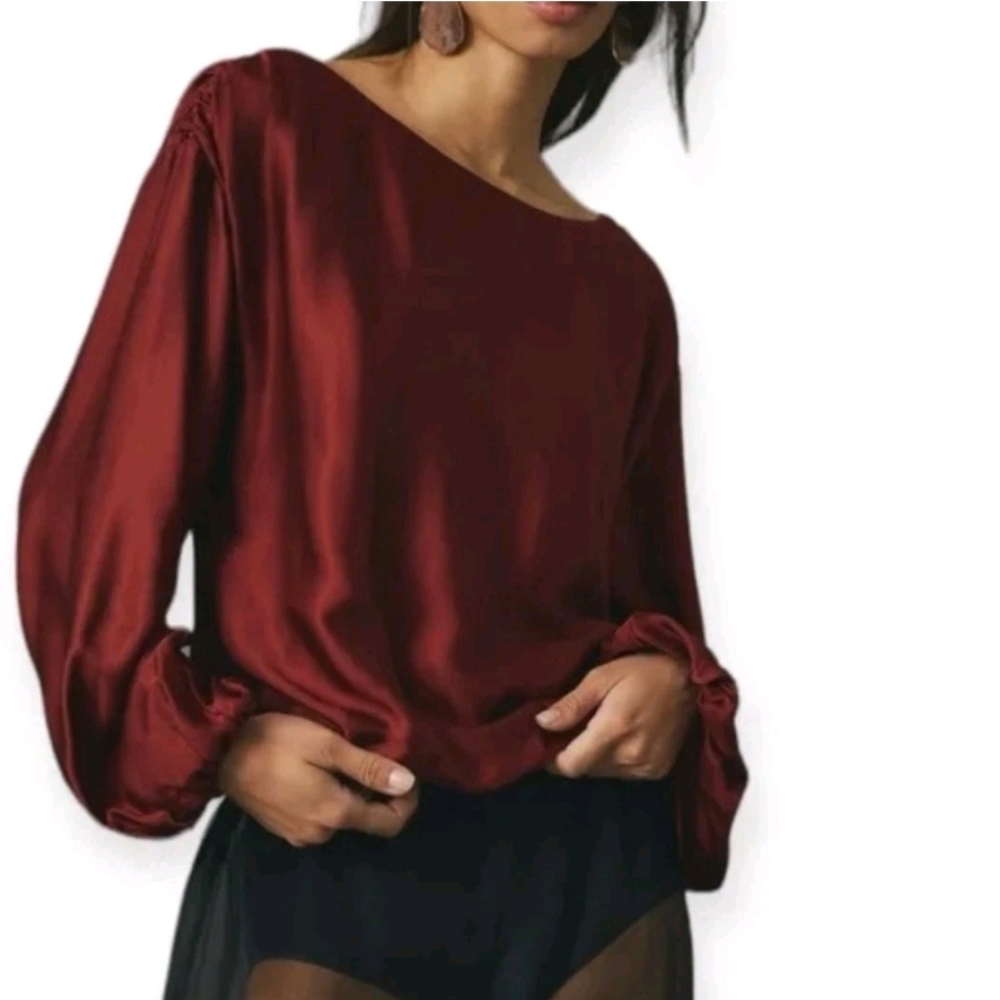Anthropologie Wine Red Satin Balloon‎ Long Sleeve Blouson Hem Blouse Small